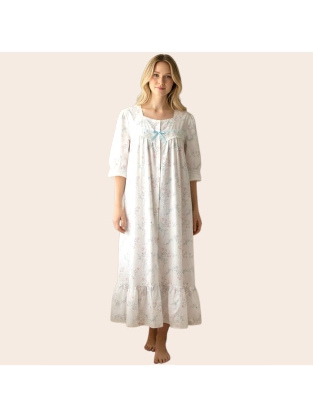 Vintage 70s Barbizon Paris White Floral Nightgown M Puff Sleeve Ruffle Cottage
